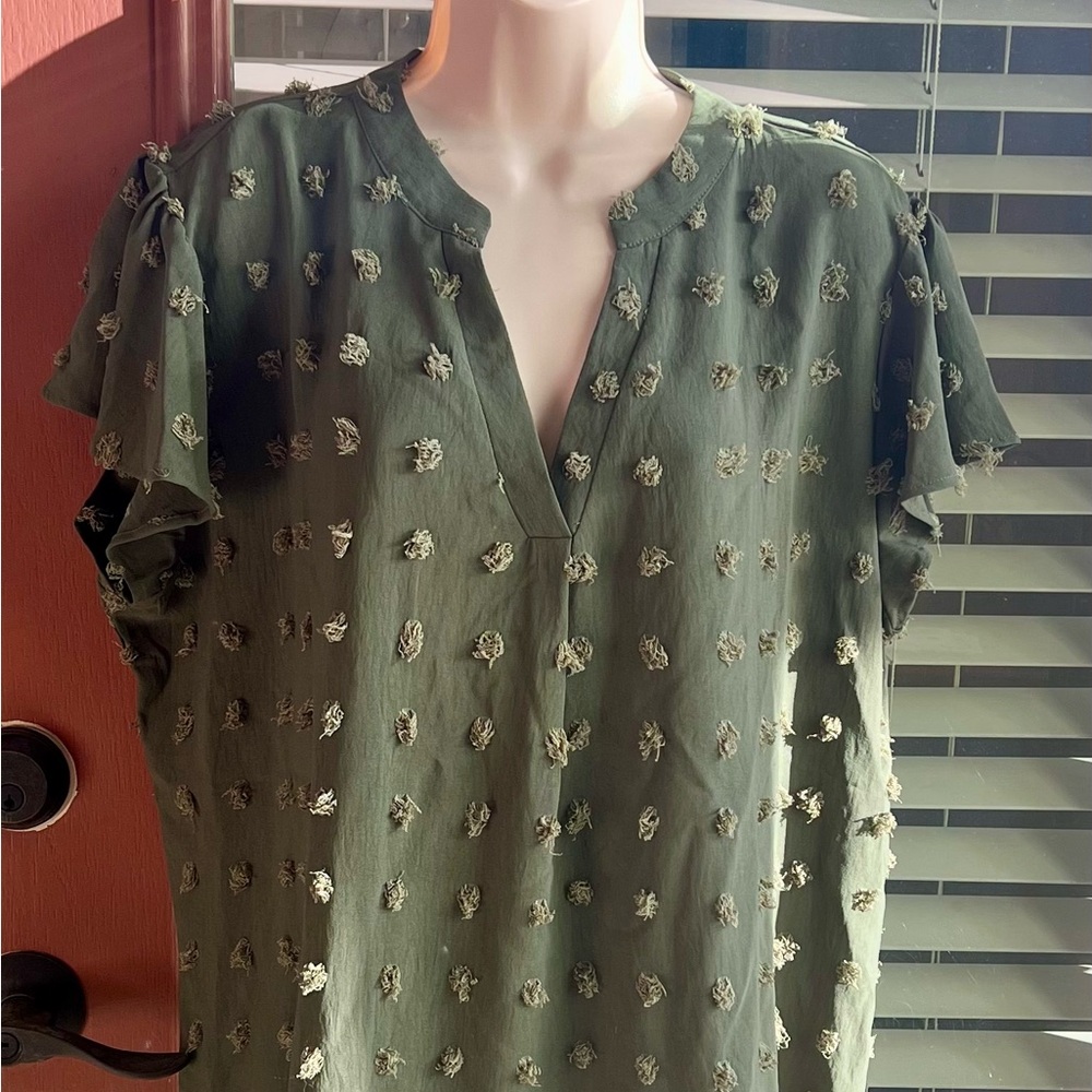 Olive Green Textured Flutter-Sleeve Women's Top